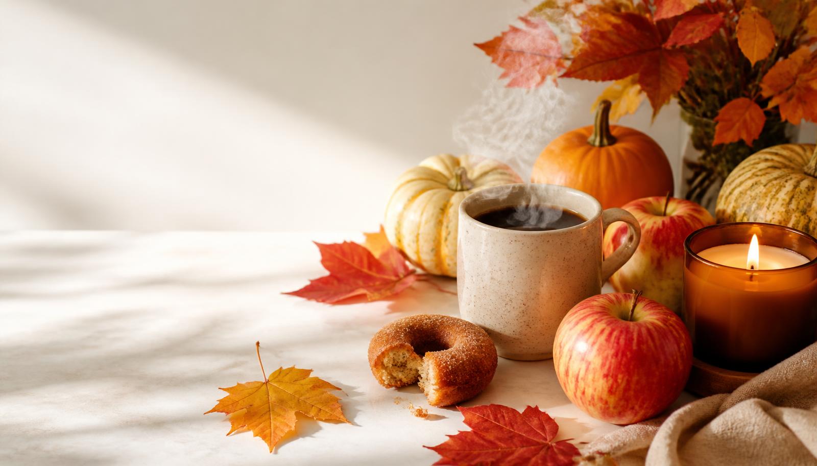 Apples, pumpkins, coffee, a cider donut and an autumn candle